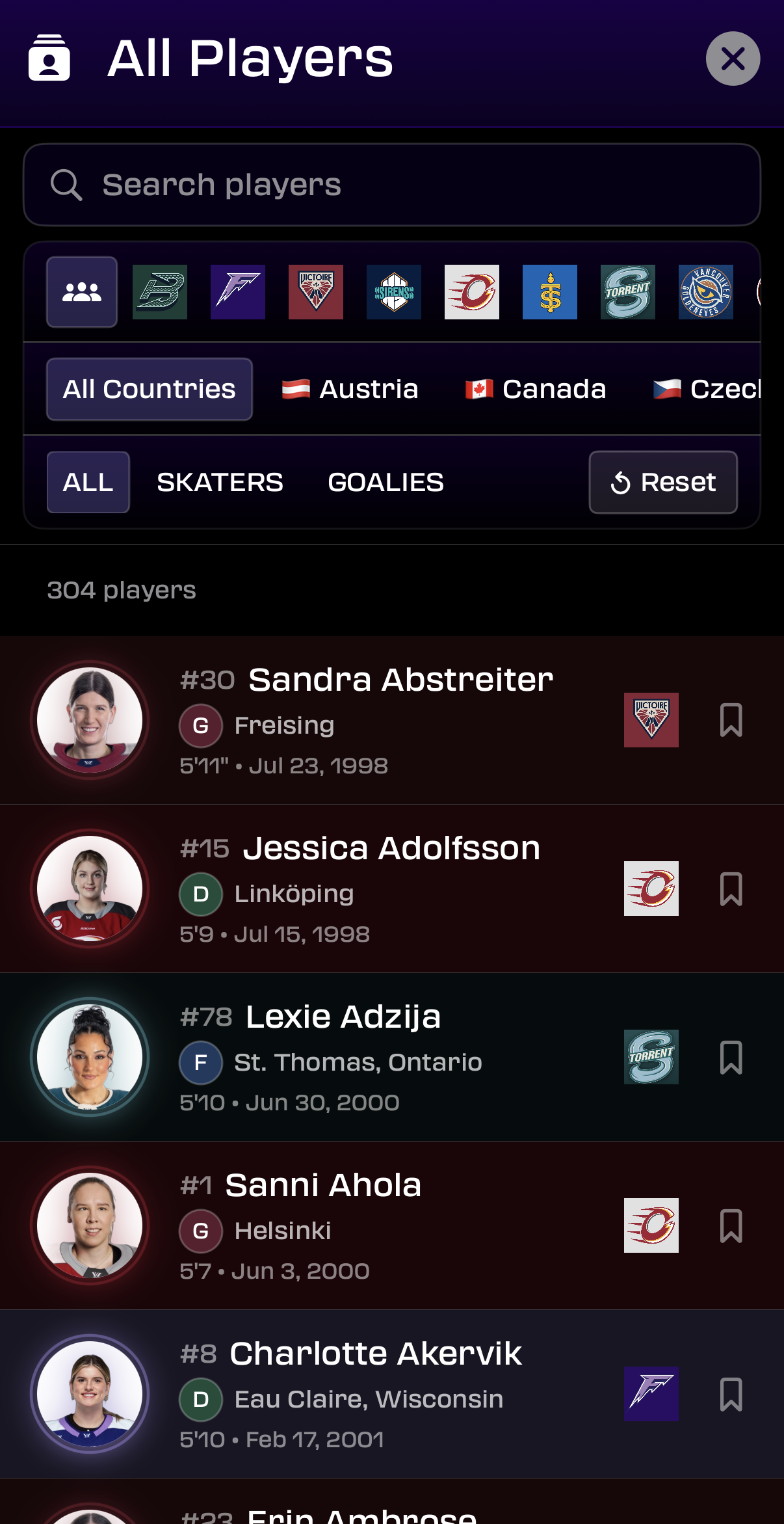 All Players view showing the full league roster of 304 players with search and filter controls