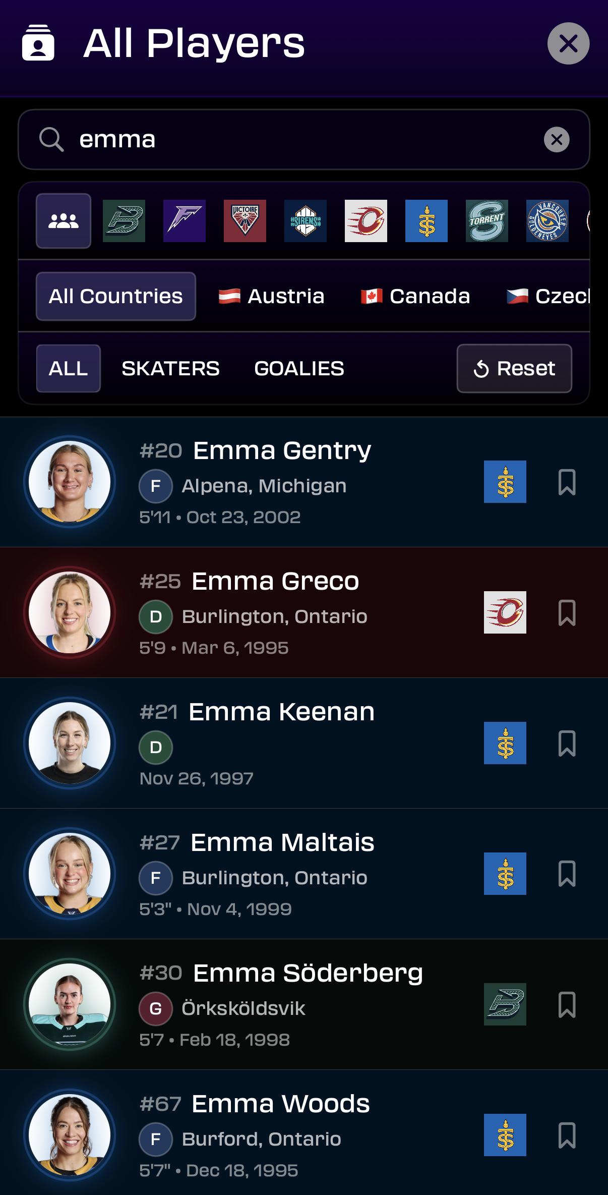 Searching All Players for "emma" with matching results across multiple teams