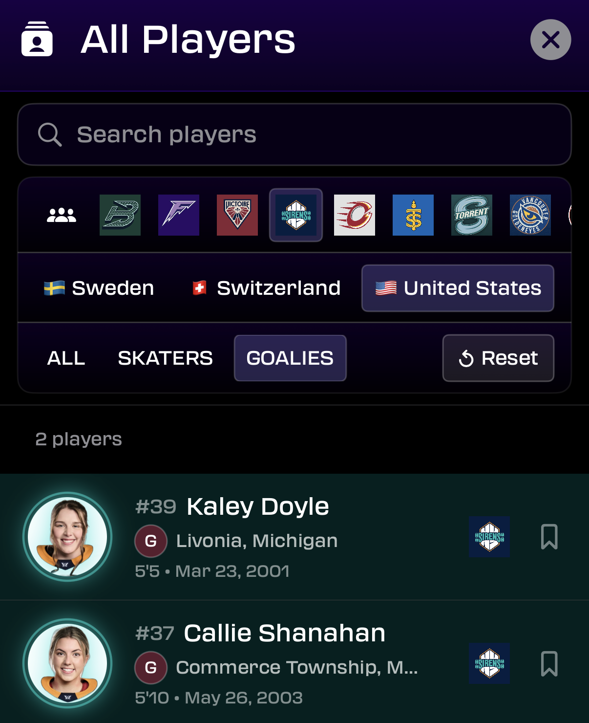 Filtering All Players by team, country, and goalies, with followed players highlighted