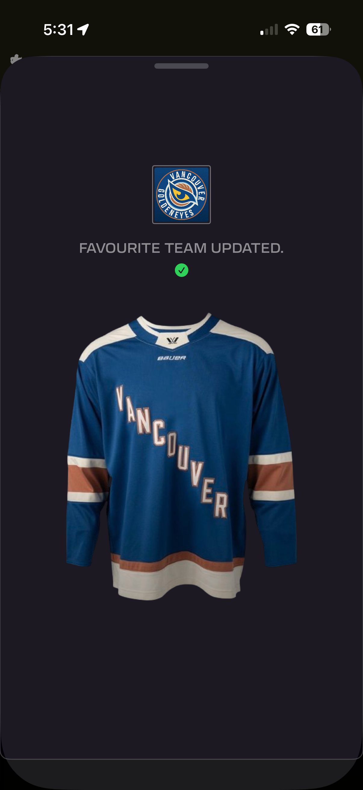 Favourite Team Updated confirmation showing the Vancouver jersey