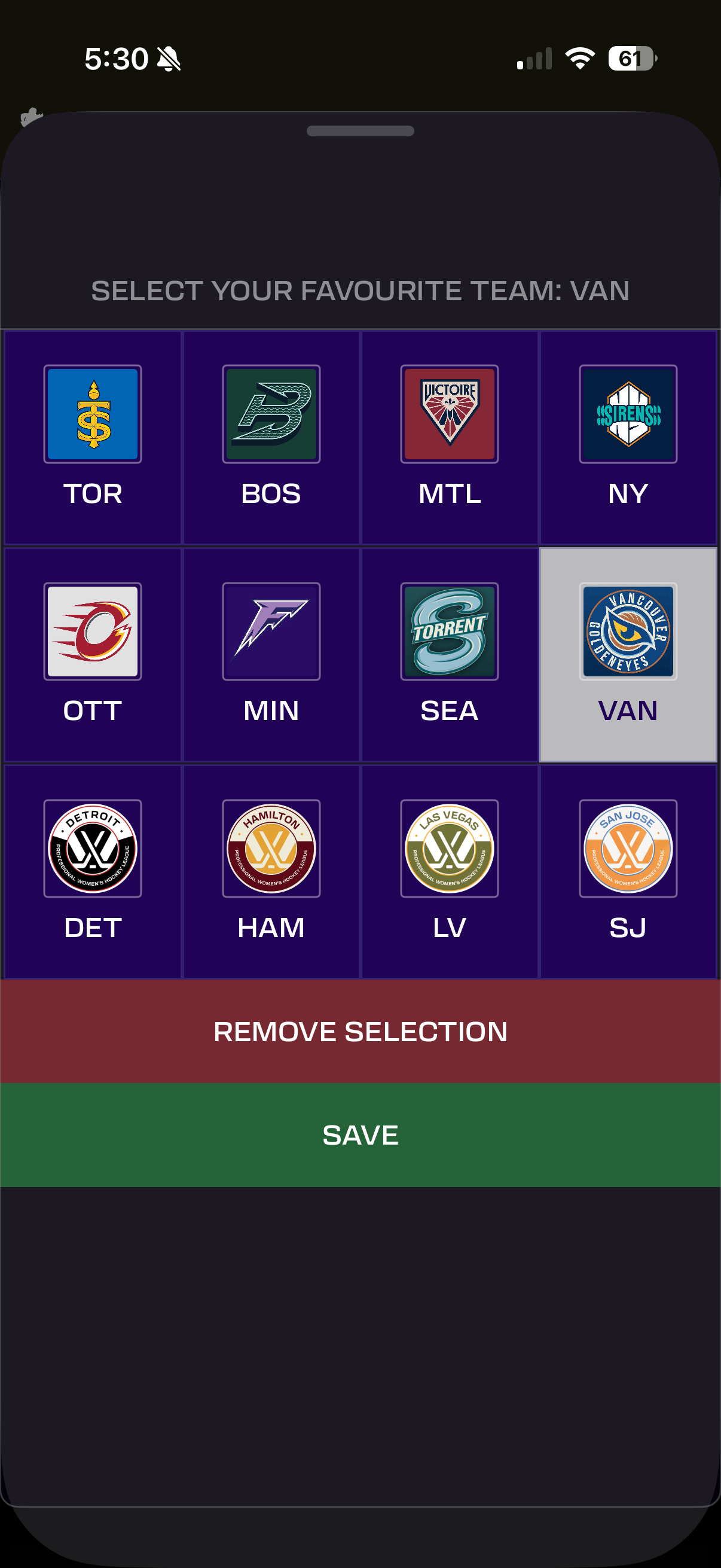 Select your favourite team — a grid of all twelve PWHL team crests with Vancouver selected, plus Save and Remove Selection