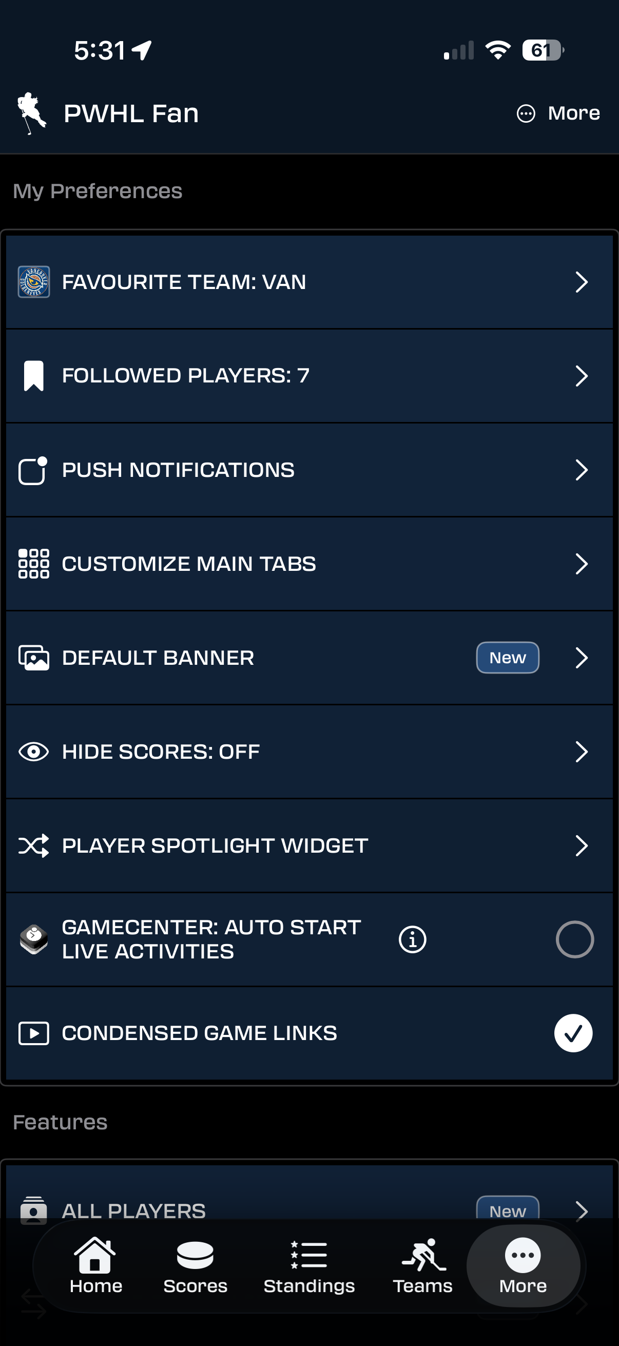 My Preferences settings with Favourite Team set to VAN alongside Followed Players and other options
