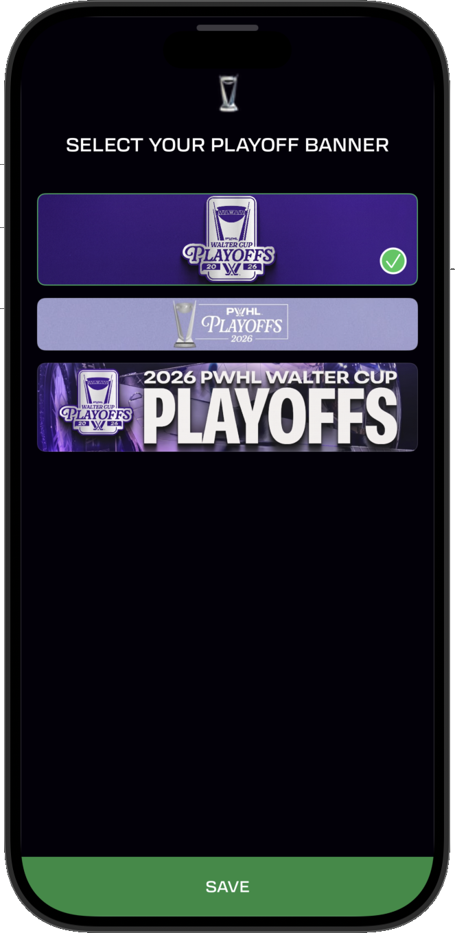Playoff Banner selection screen showing 2026 PWHL Walter Cup Playoffs banner options
