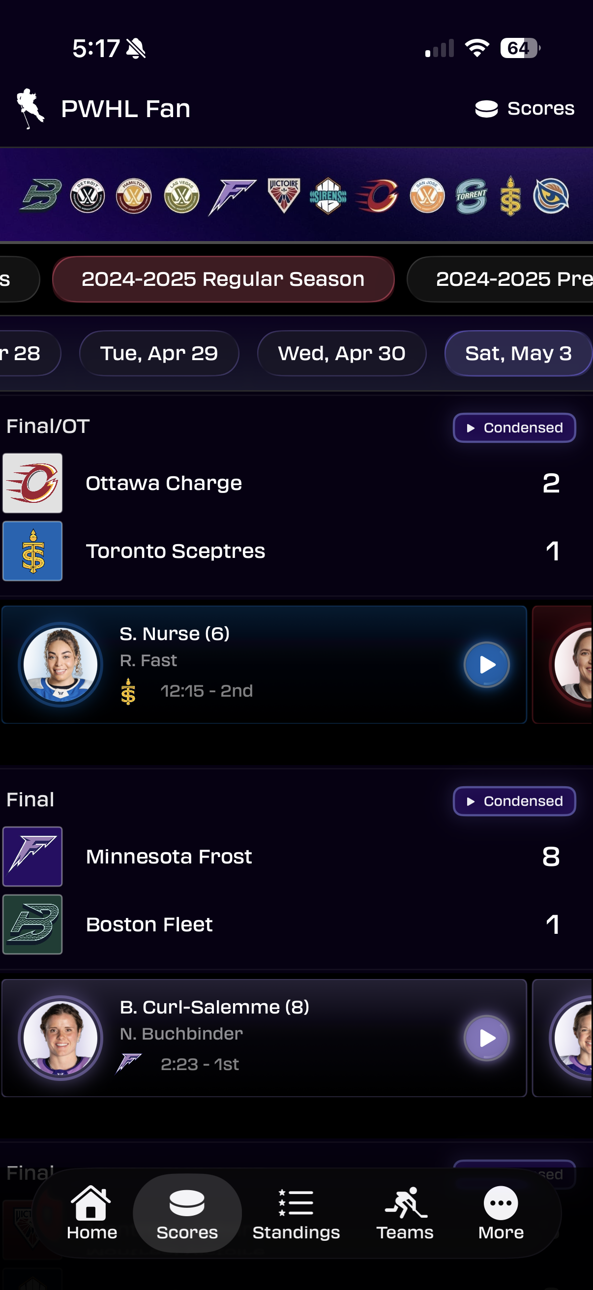 Scores view with a Condensed button on every finished game — Ottawa vs Toronto and Minnesota vs Boston, each with goals listed below