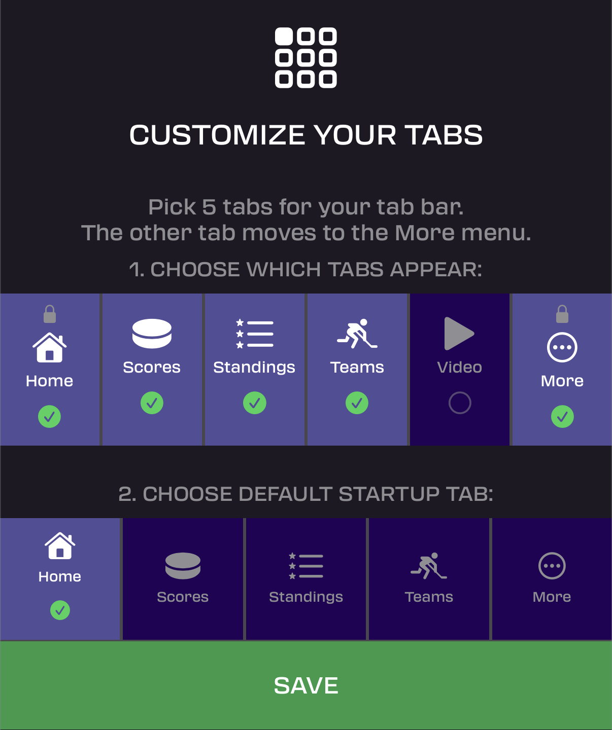 Customize Main Tabs screen — choosing which tabs appear and the default startup tab
