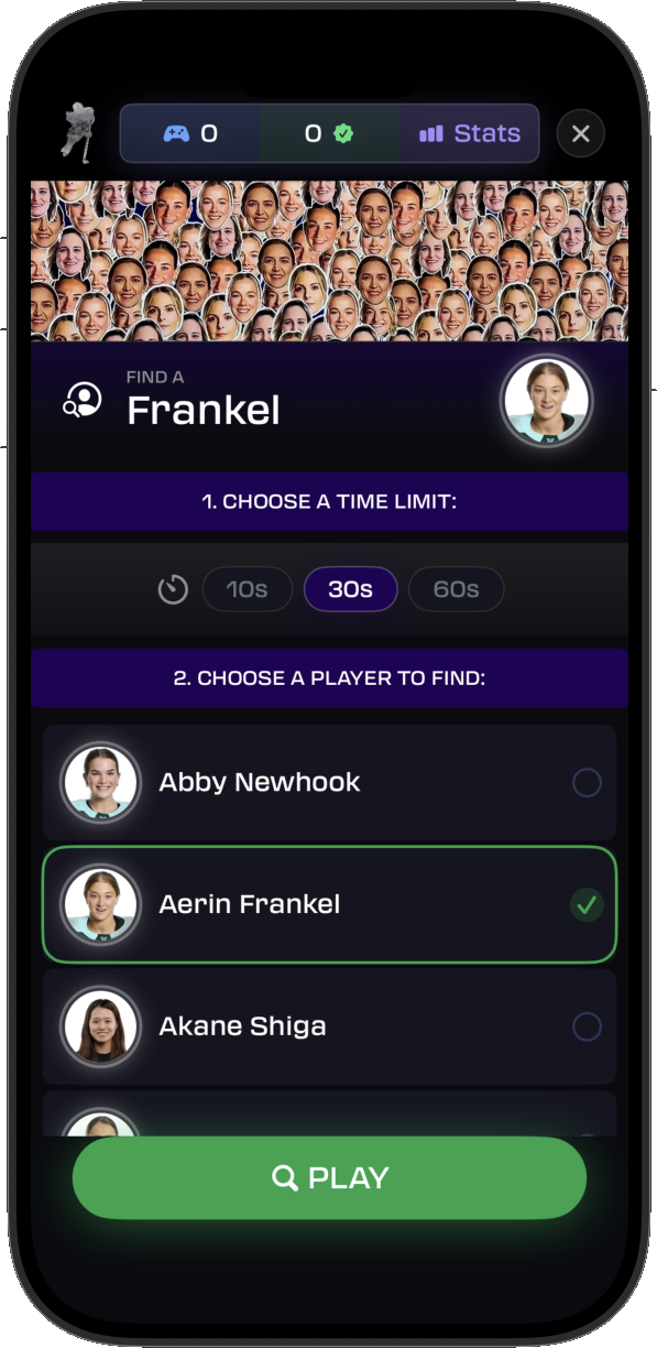 Find-A-Frankel setup screen — choosing a time limit and selecting Aerin Frankel as the player to find