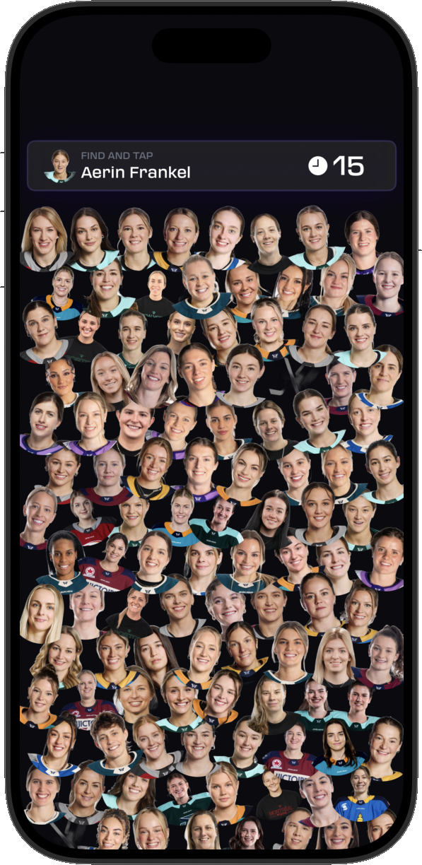 Find-A-Frankel gameplay — a grid of every player's face with a countdown timer and Aerin Frankel as the target