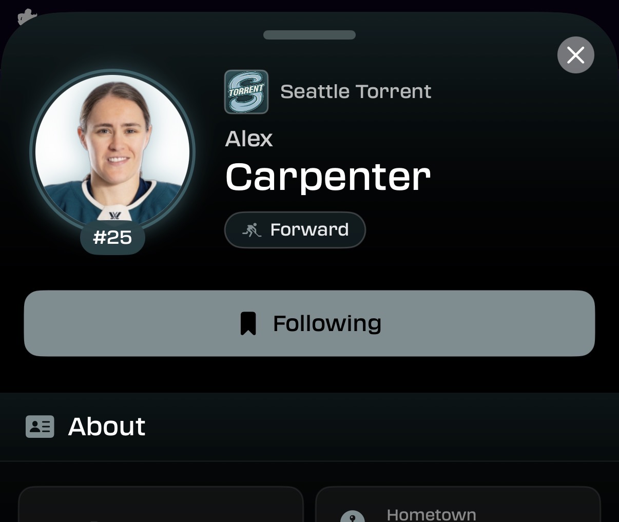 Alex Carpenter's player profile with the Following button active