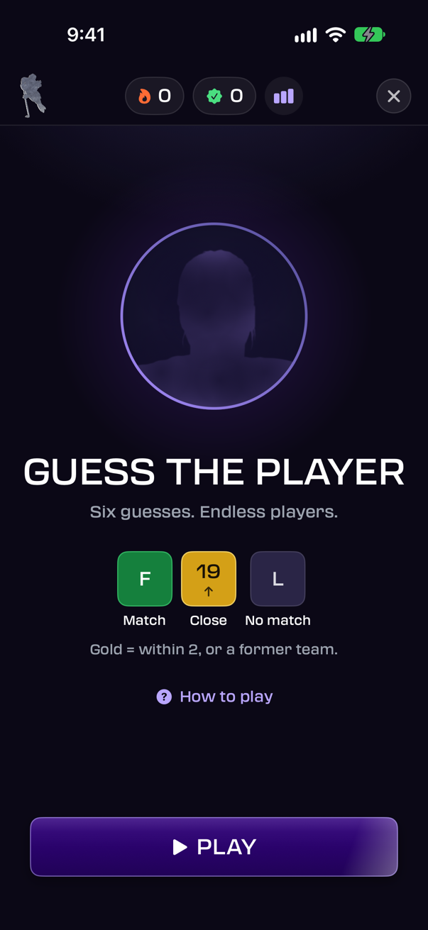 Guess the Player lobby: the mystery player silhouette, six guesses, endless players, and the Match, Close and No match tile legend