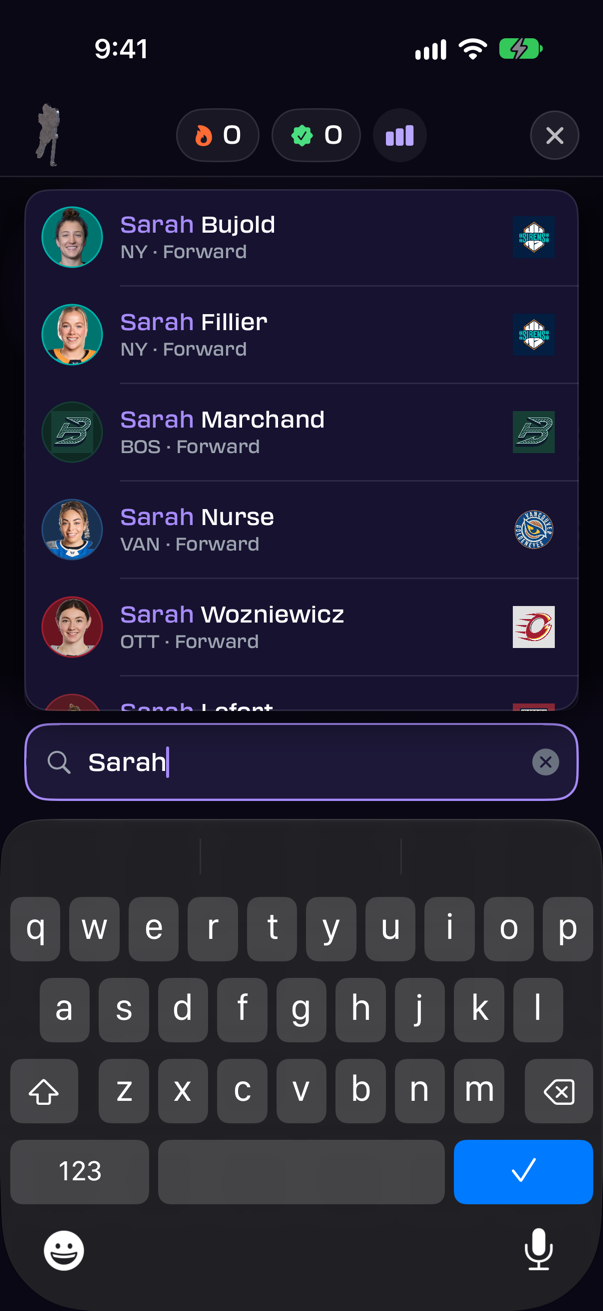 Searching for a player by name, with matching players listed by team and position