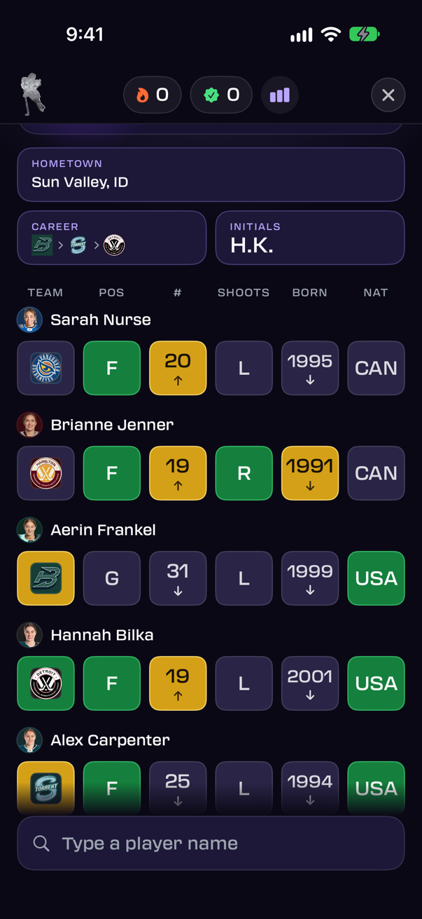 Five guesses on the board with the hometown, career and initials clues all unlocked