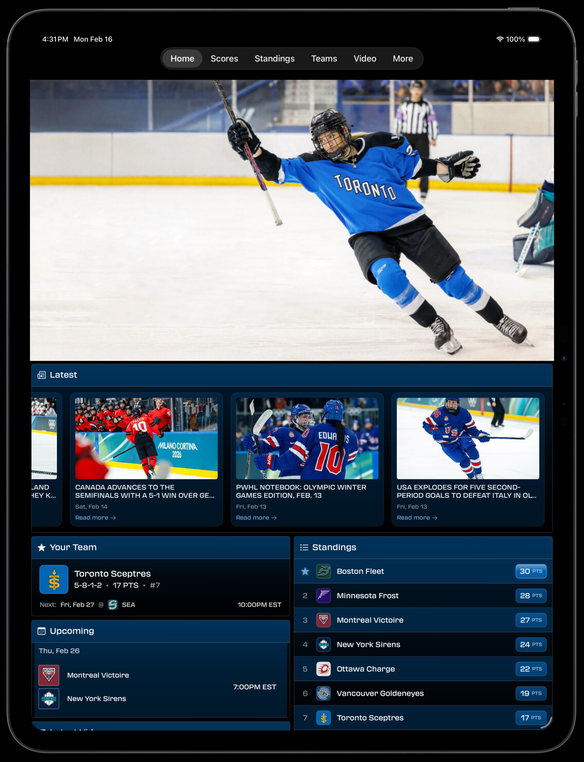 iPad Home view for Toronto Sceptres fan with latest Olympic news