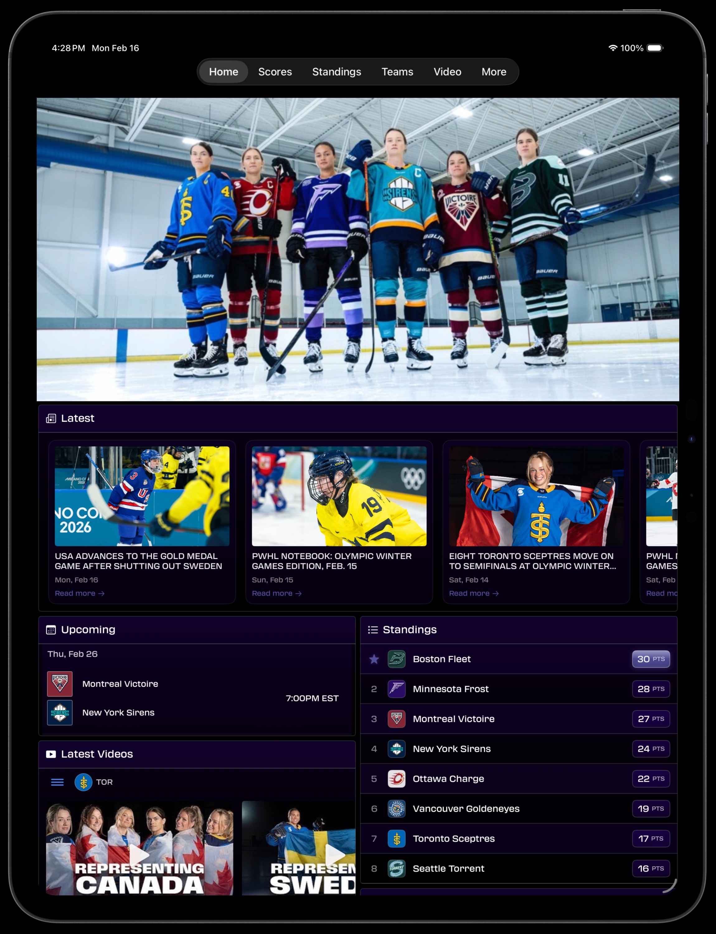 PWHL Fan iPad Home view showing Upcoming games, Standings, and Latest Videos