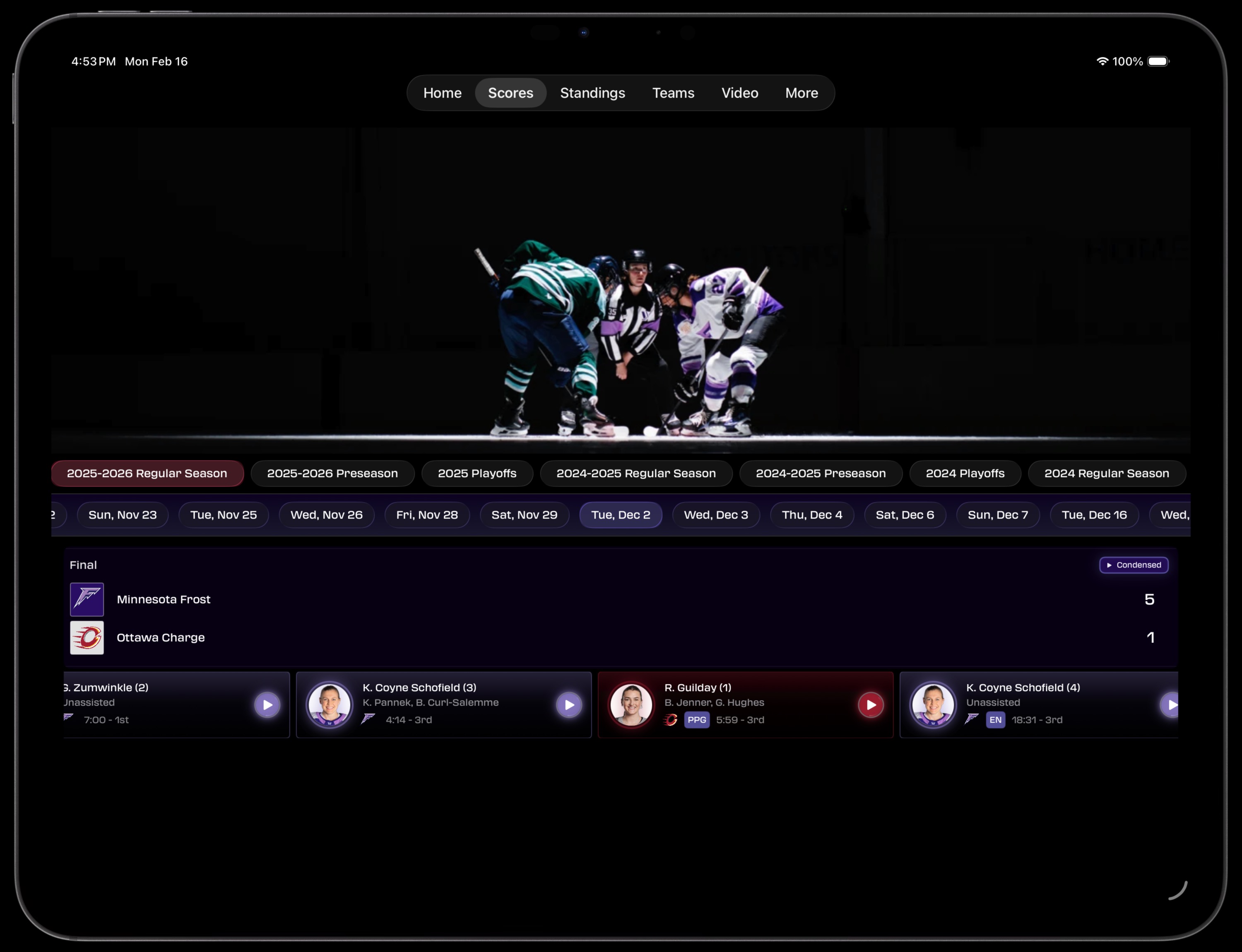iPad Scores game detail with season and date selectors