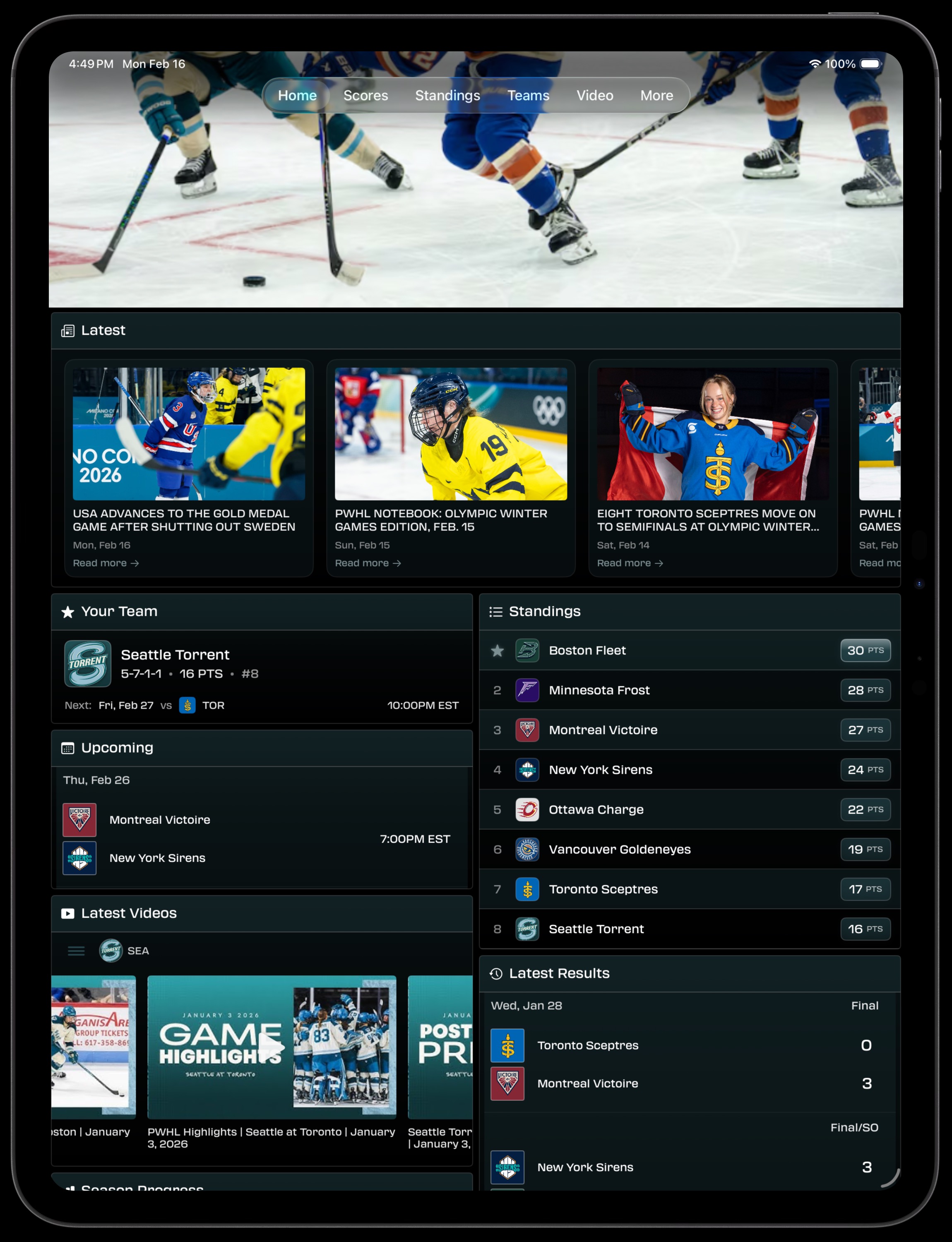 PWHL Fan iPad Home screen showing Latest news, Your Team card, Standings, and Latest Videos in a multi-column layout