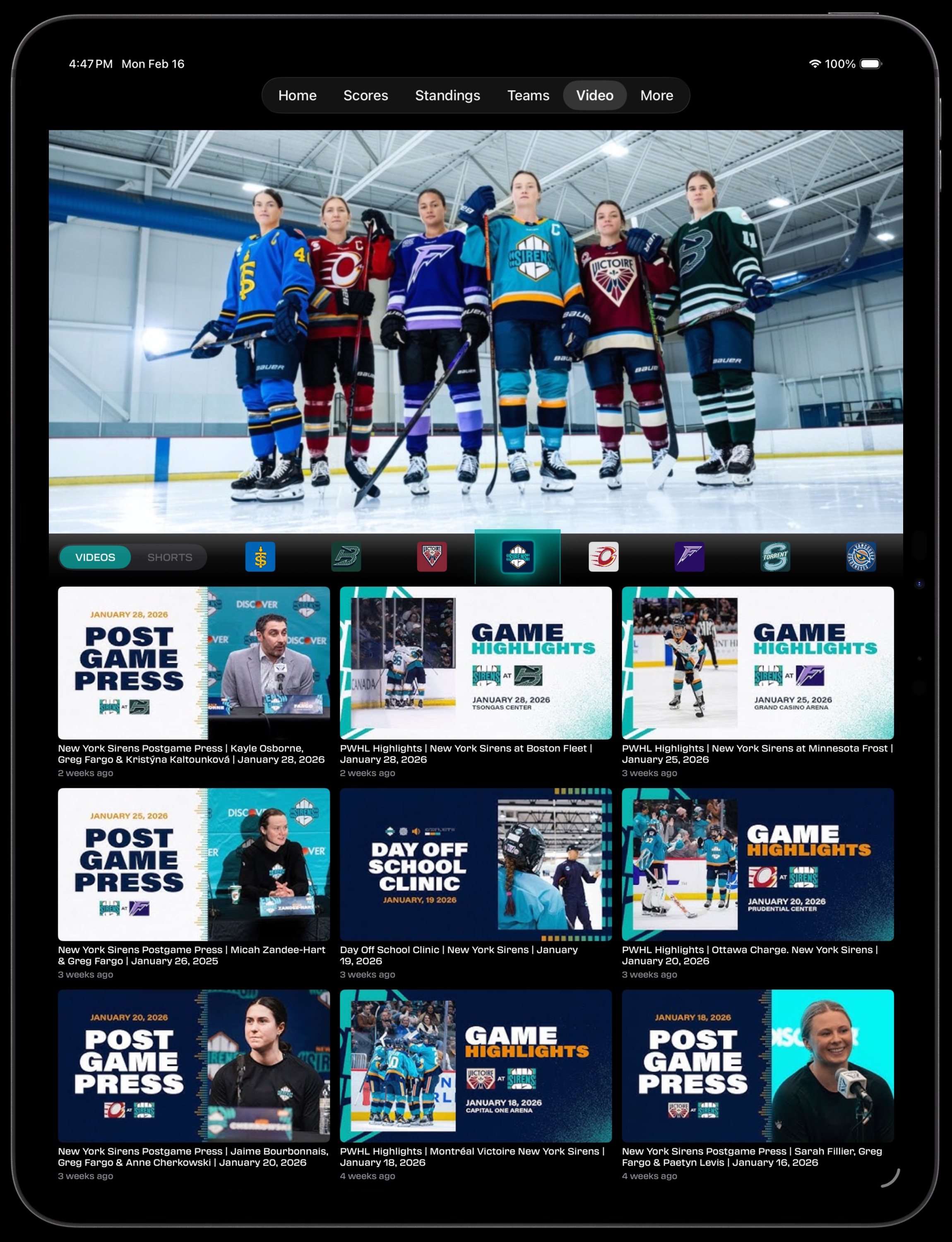 PWHL Fan iPad Video tab with three-column grid showing game highlights and postgame press conferences