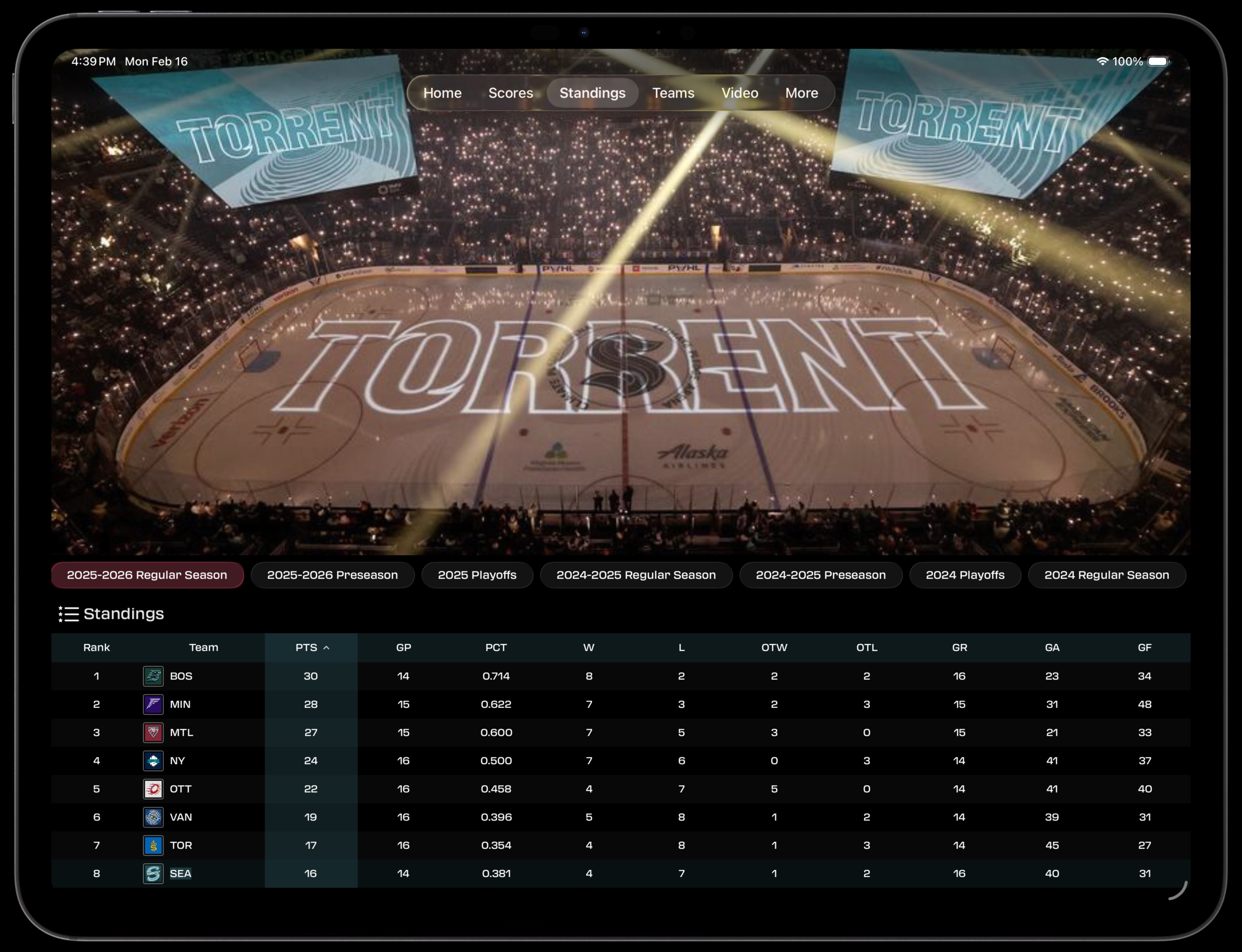 PWHL Fan iPad Standings view with full-width table showing all eight teams and complete statistics