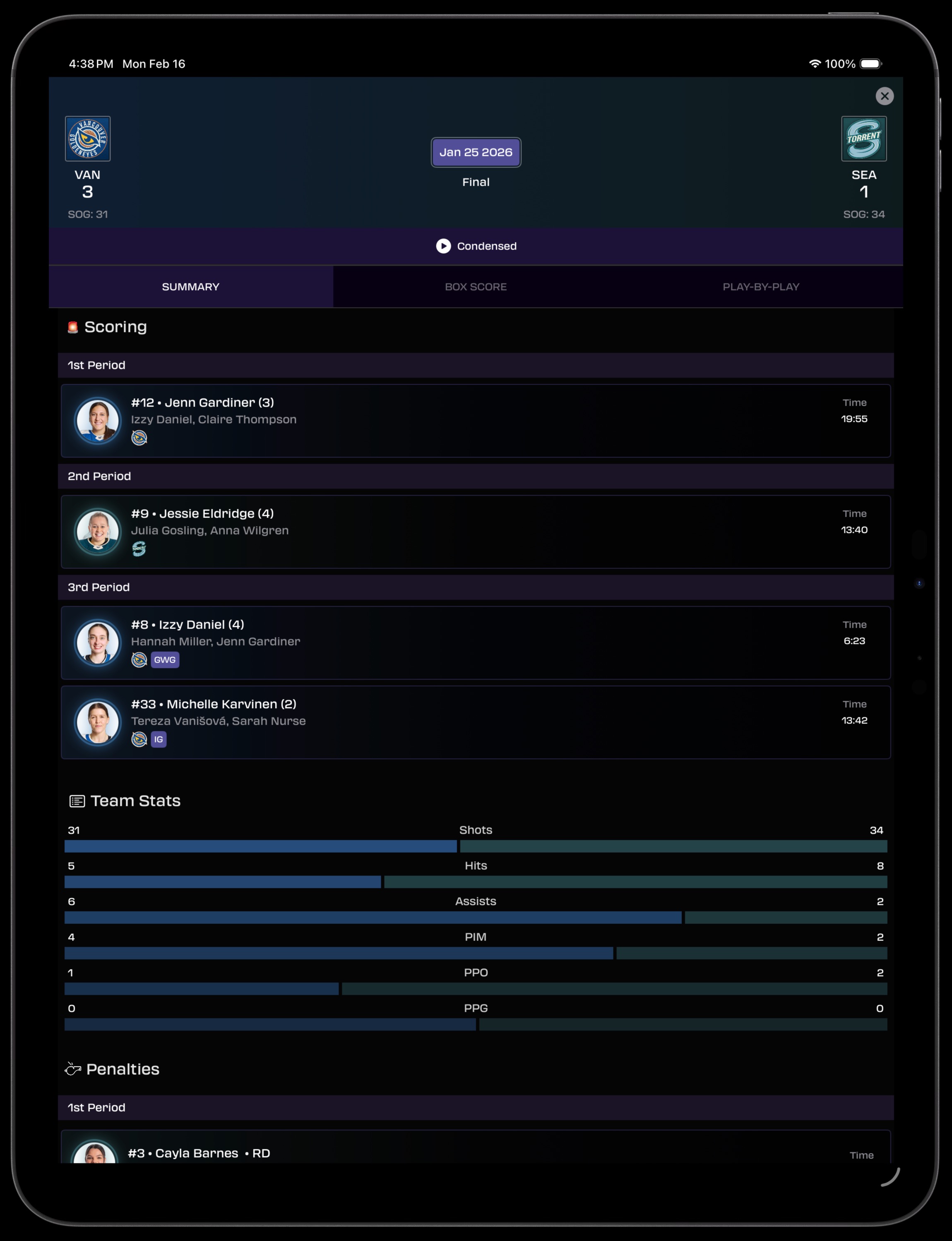 iPad GameCenter showing scoring summary, team stats, and penalties