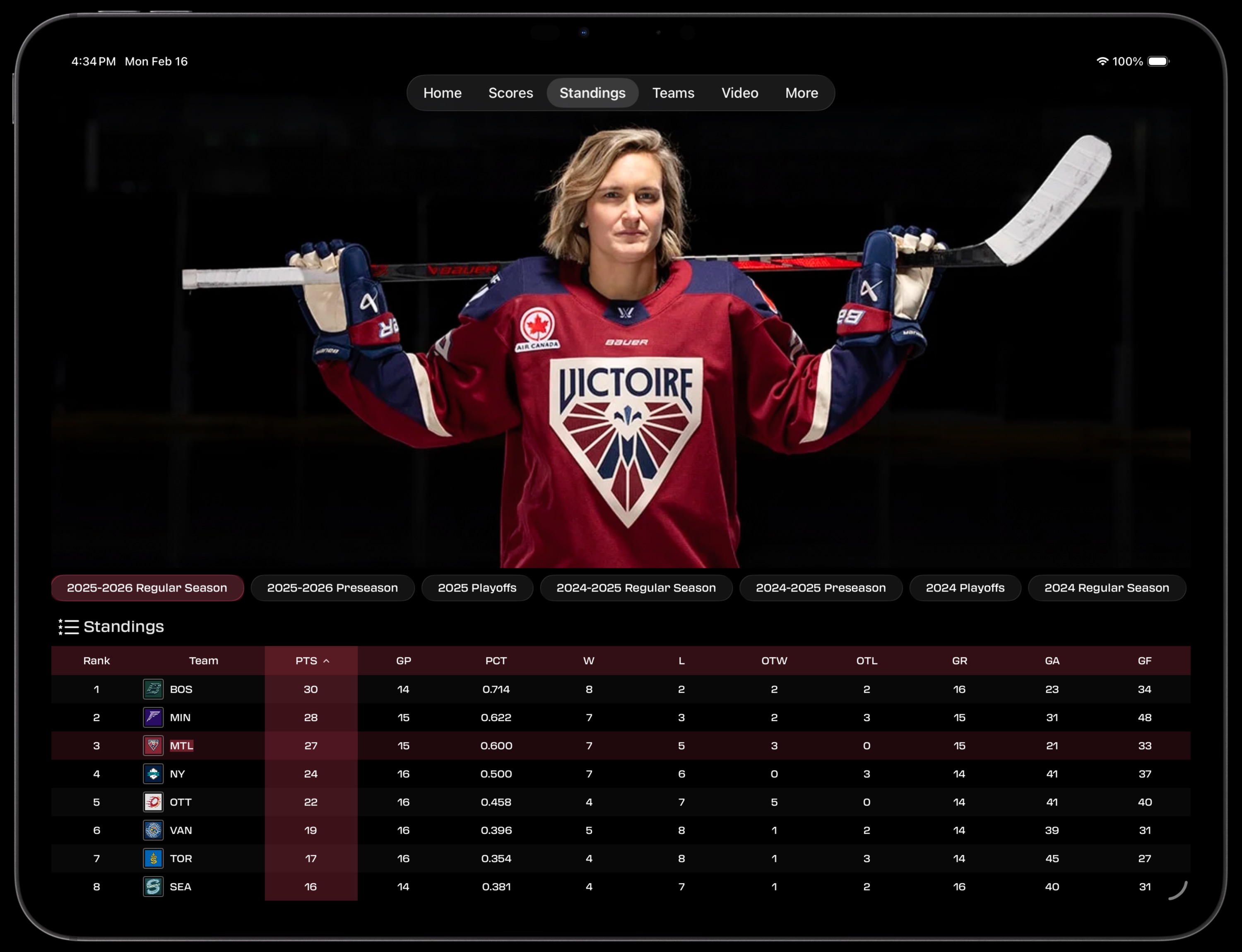iPad Standings with Montreal Victoire banner and full stats table