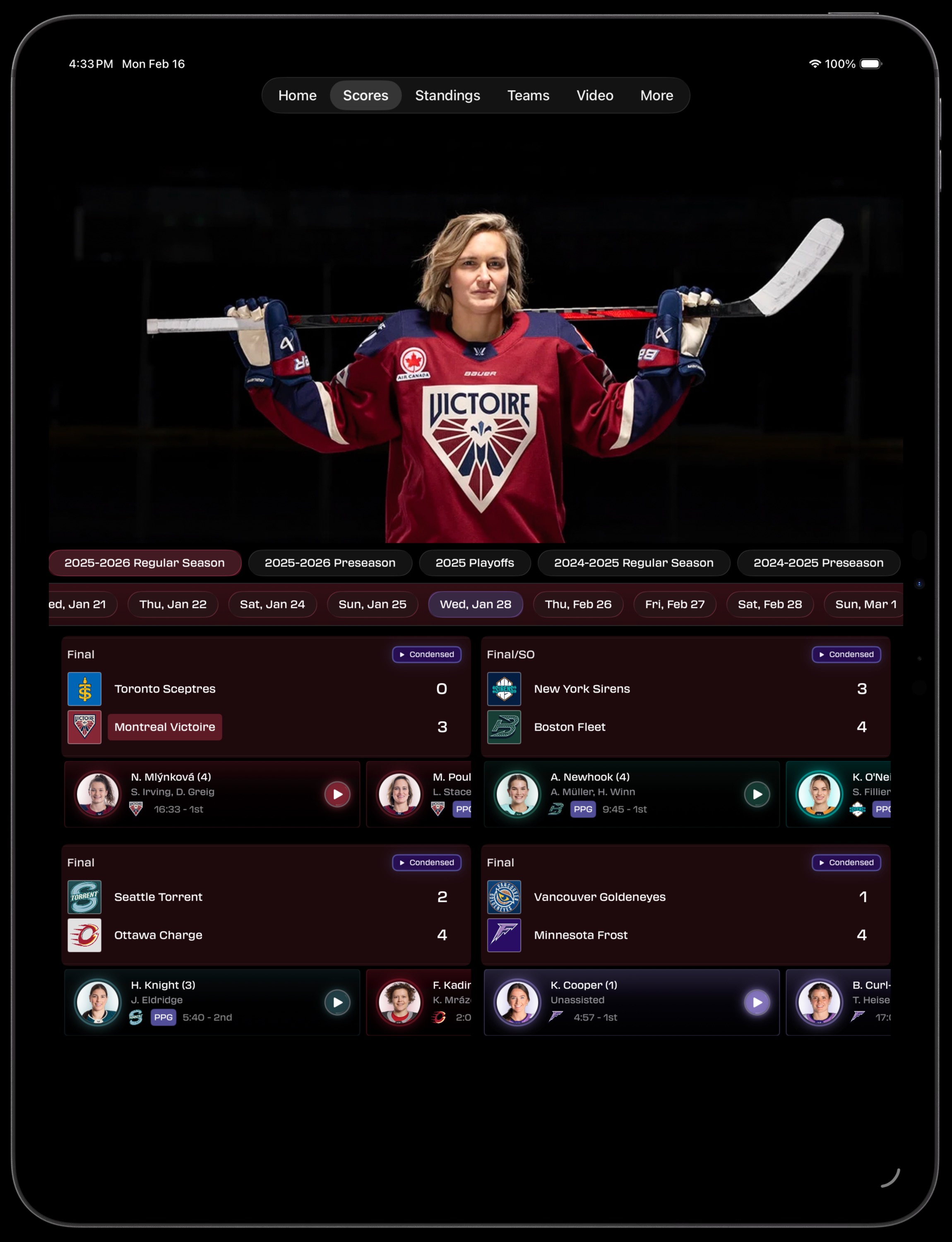 PWHL Fan iPad Scores view with two-column layout showing multiple game results and goal scorers