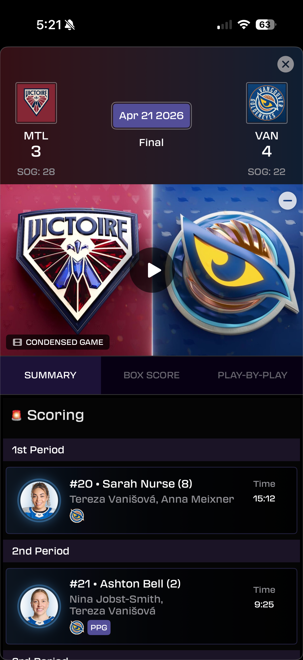 Live Game View — MTL vs VAN final with team crests, shots on goal, a condensed game button, and a period-by-period scoring summary