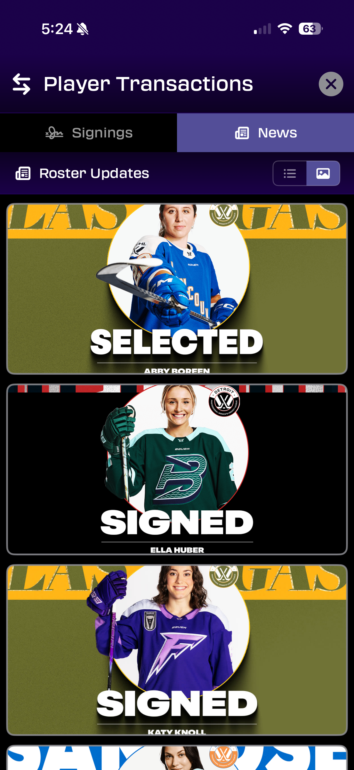 Player Transactions News tab showing Roster Update cards — SELECTED and SIGNED graphics for incoming players