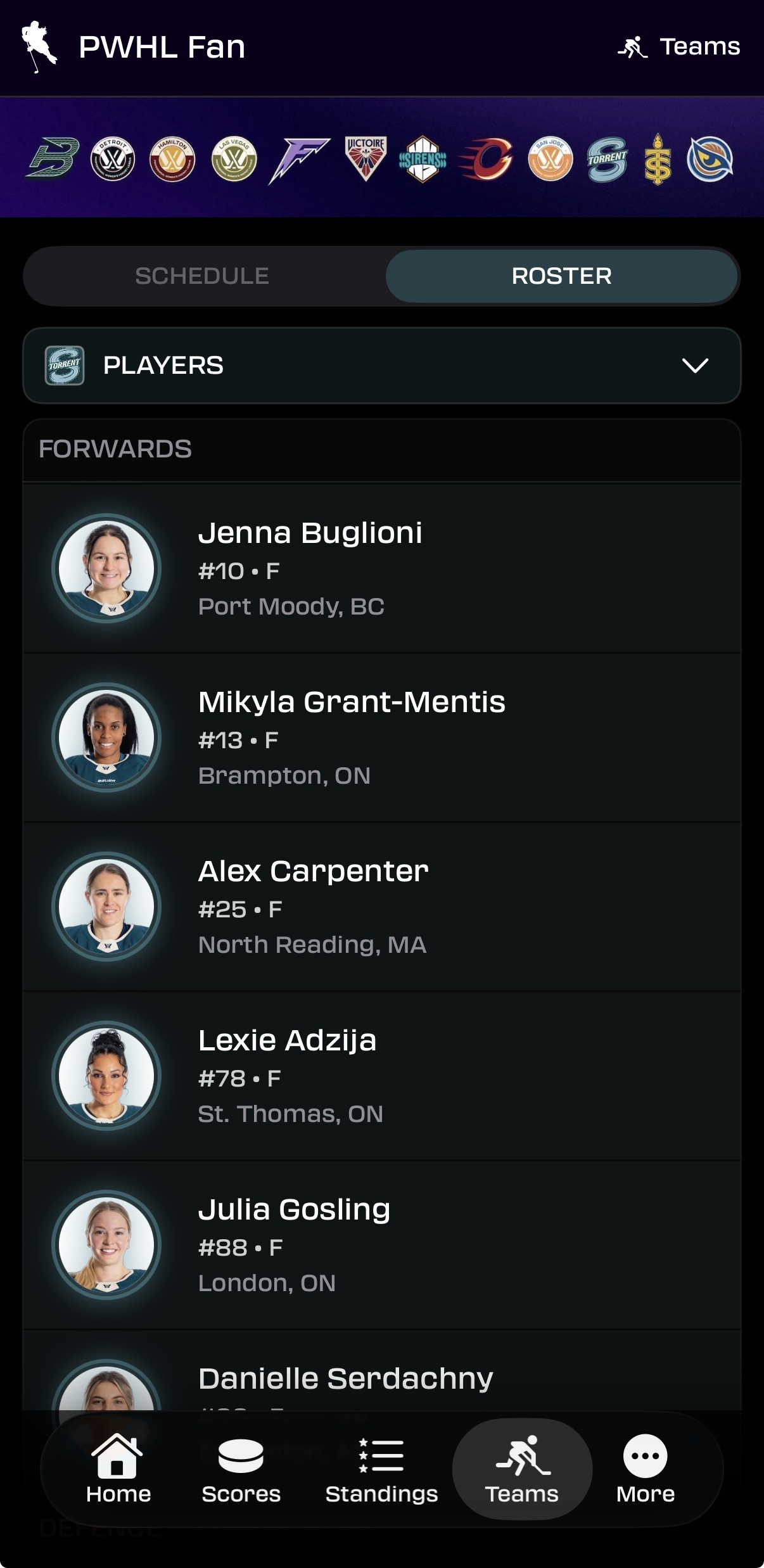 Seattle Torrent roster in the app — forwards listed with headshots, jersey numbers, positions, and hometowns