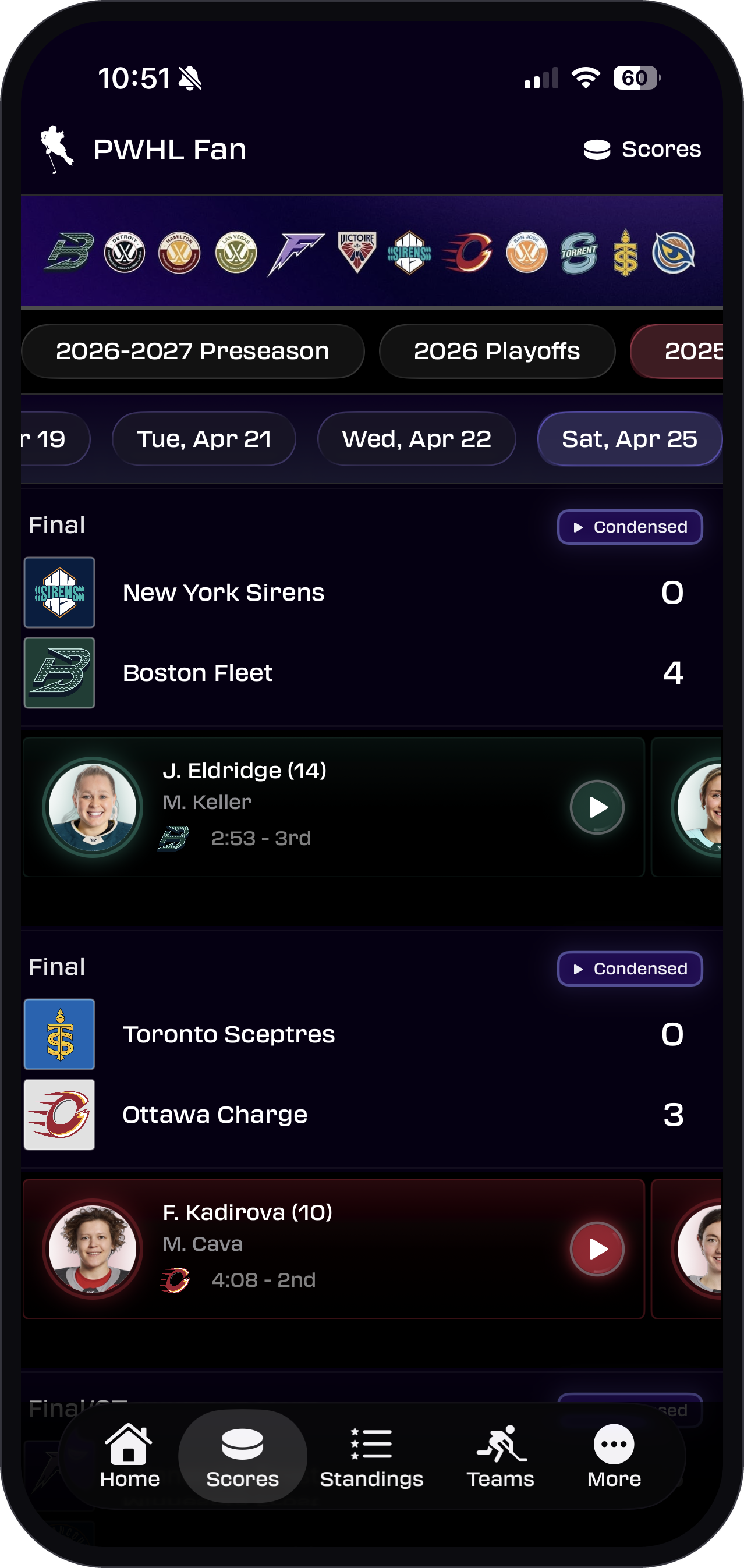 PWHL Fan App live scores
