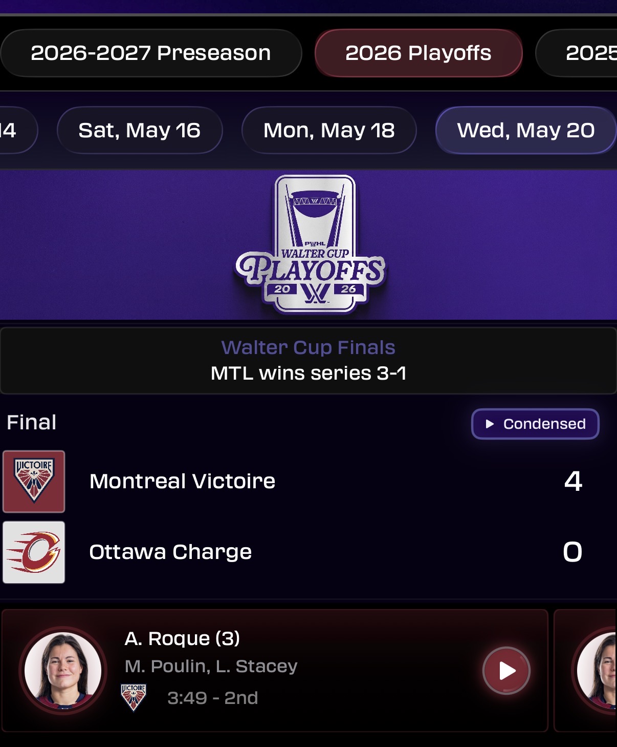 Walter Cup Finals game with a Condensed game button and a goal listed below — A. Roque with a play button to watch the goal