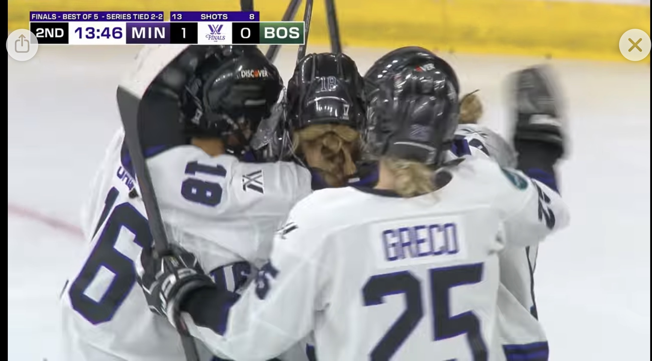 A goal video playing — Minnesota celebrating in the Finals, with a share button in the corner
