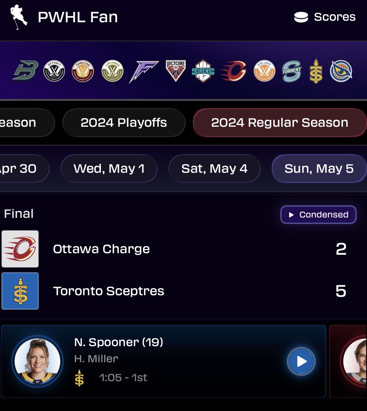 Scores view with a goal listed under the Ottawa vs Toronto game — N. Spooner with a play button