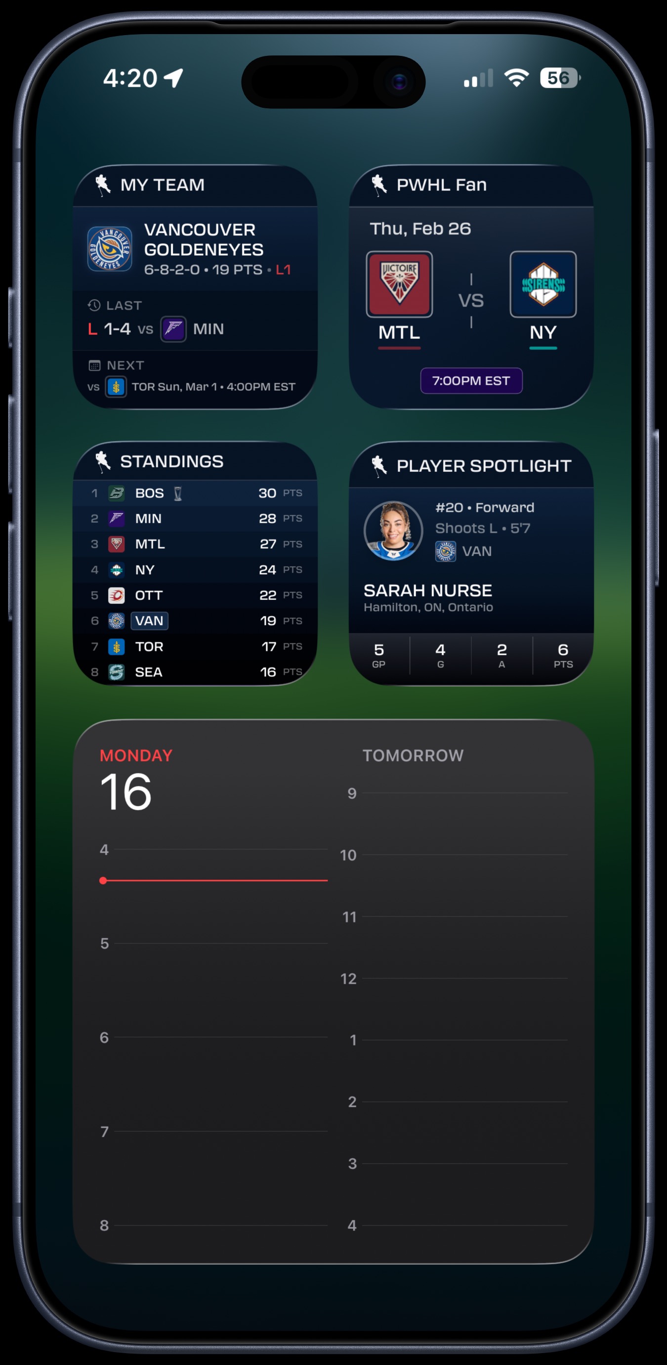Four small widgets — My Team, Scores, Standings, and Player Spotlight