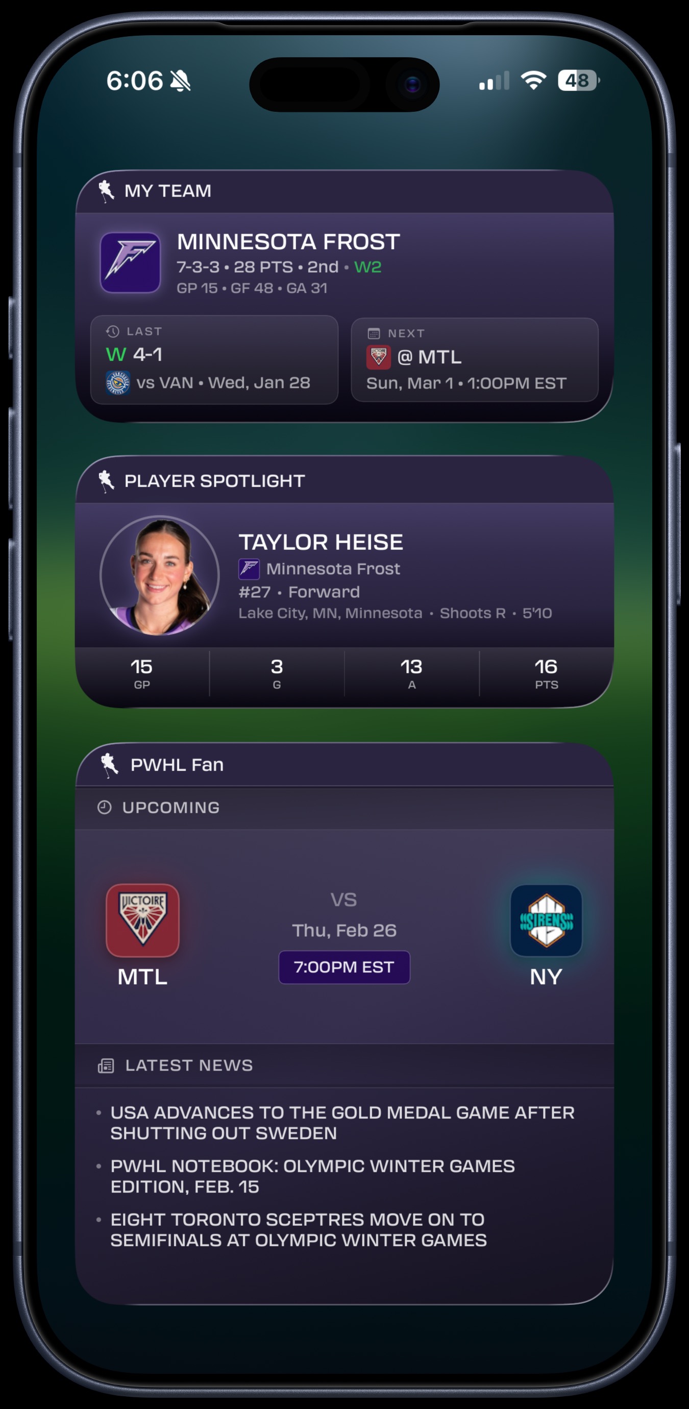 My Team, Player Spotlight, and Large Scores widget with news