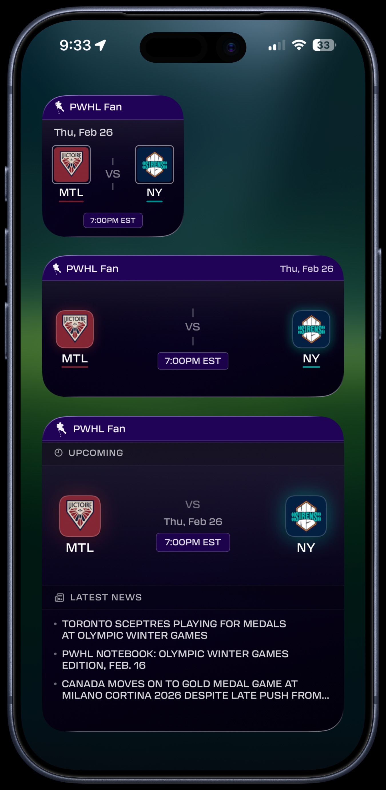Scores widget in Small, Medium, and Large sizes showing upcoming MTL vs NY matchup and latest PWHL news headlines