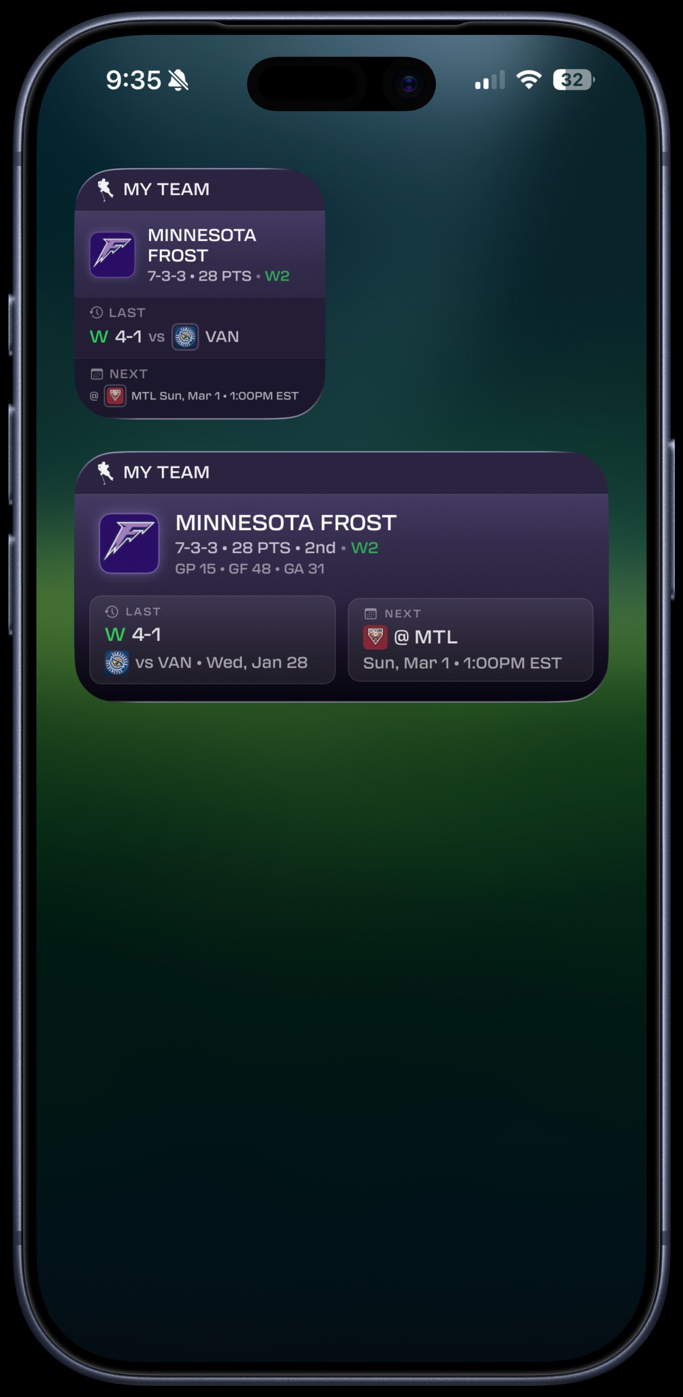 My Team widget in Small and Medium sizes showing Minnesota Frost record, streak, last result, and next game