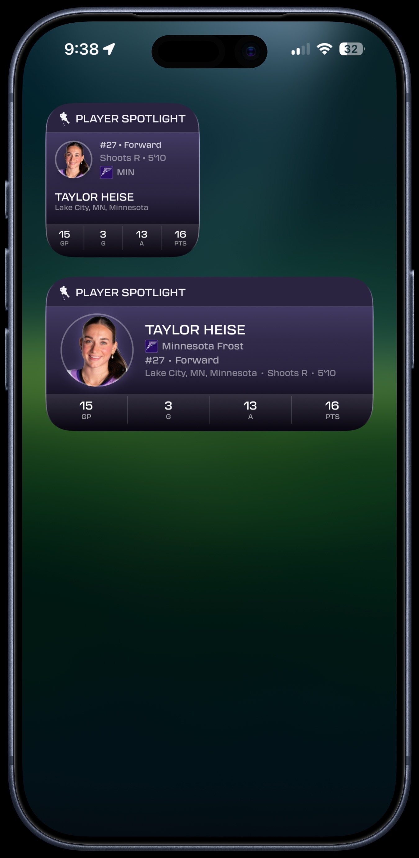 Player Spotlight widget in Small and Medium sizes featuring Taylor Heise with season stats